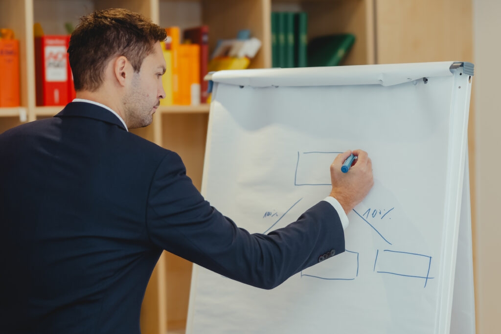 Mann zeichnet Skizze auf einem Flipchart